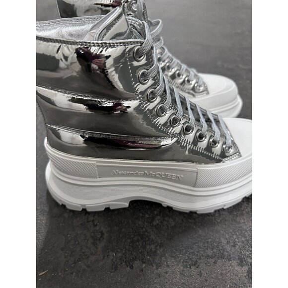 Alexander McQueen Metallic Mid Ankle Sneakers Silver & White Booties - Picture 9 of 9
